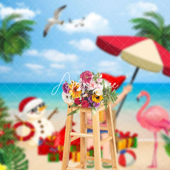 Aperturee - Aperturee Santa Flamingo Sand Beach Christmas In July Backdrop