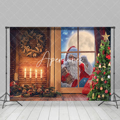 Aperturee - Aperturee Santa Ooutside Window Night Wood Christmas Backdrop