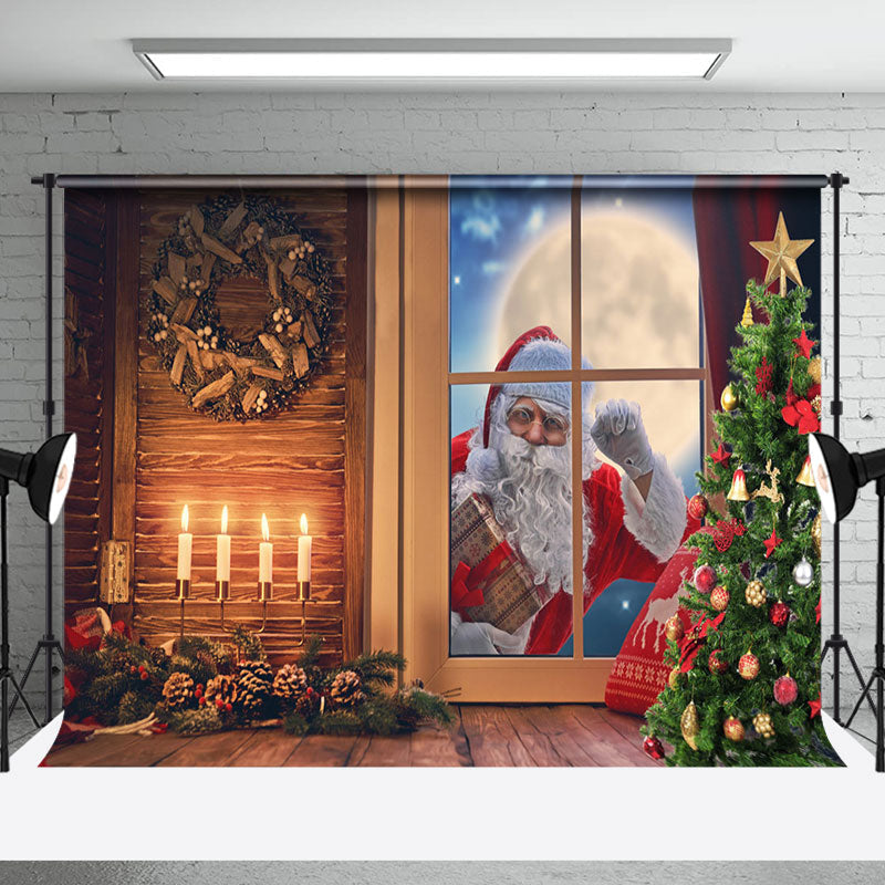 Aperturee - Aperturee Santa Ooutside Window Night Wood Christmas Backdrop