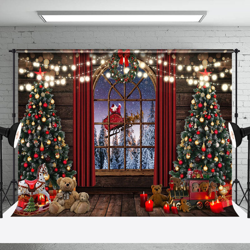 Aperturee - Aperturee Santa Sledge Wood Window Curtain Christmas Backdrop