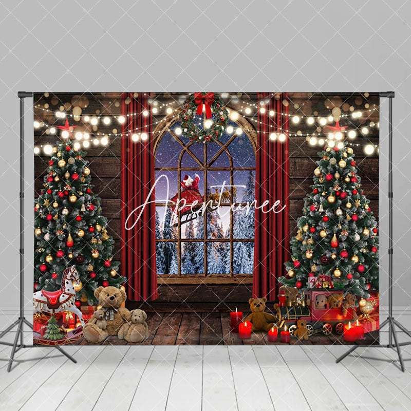 Aperturee - Aperturee Santa Sledge Wood Window Curtain Christmas Backdrop