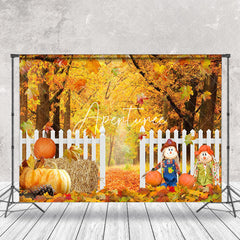 Aperturee - Aperturee Scarecrows Pumpkin Autumn Maple Leaves Fence Backdrop