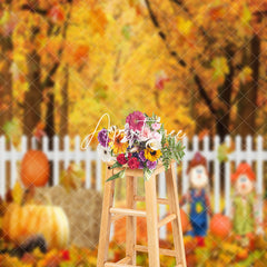 Aperturee - Aperturee Scarecrows Pumpkin Autumn Maple Leaves Fence Backdrop