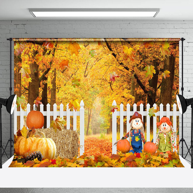 Aperturee - Aperturee Scarecrows Pumpkin Autumn Maple Leaves Fence Backdrop