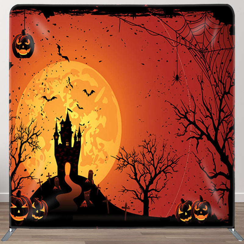 Aperturee - Aperturee Scary Moon Castle Spider Web Red Halloween Backdrop