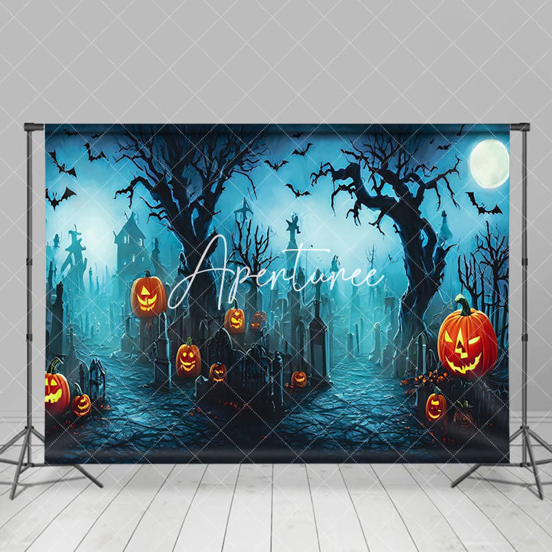 Aperturee - Aperturee Scary Pumpkins Cemetery Night Halloween Backdrop