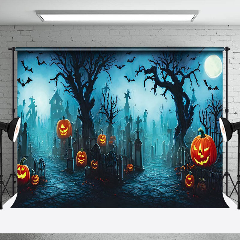 Aperturee - Aperturee Scary Pumpkins Cemetery Night Halloween Backdrop