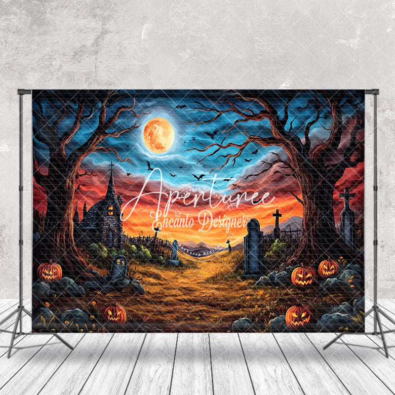 Aperturee - Aperturee Scary Red Blue Sky Moon Cemetery Halloween Backdrop