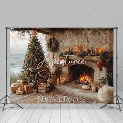 Aperturee - Aperturee Seaside Retro Cabin Fireplace Tree Christmas Backdrop