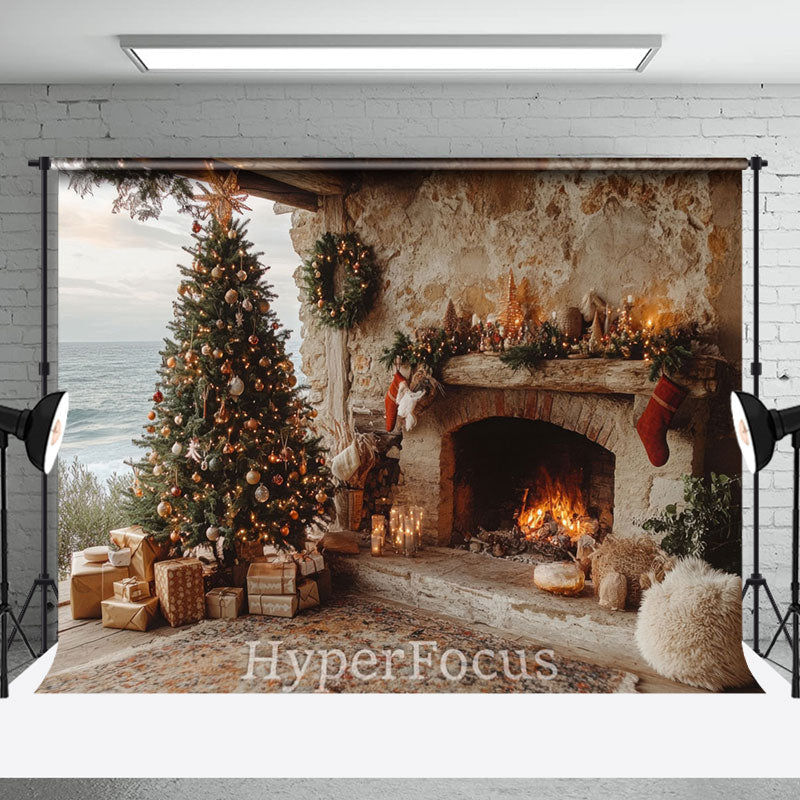 Aperturee - Aperturee Seaside Retro Cabin Fireplace Tree Christmas Backdrop