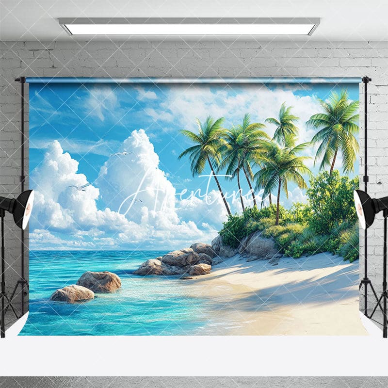 Aperturee - Aperturee Serene Tropical Beach Scene Palms Rocks Backdrop