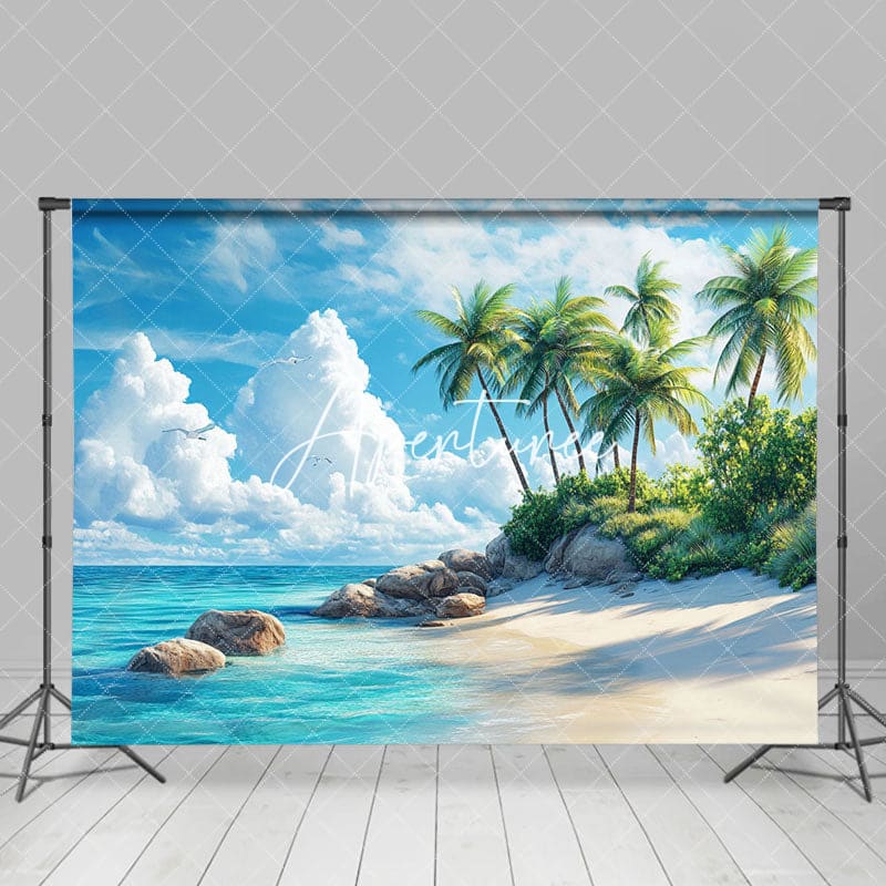 Aperturee - Aperturee Serene Tropical Beach Scene Palms Rocks Backdrop