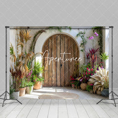 Aperturee - Aperturee Serene Wooden Archway Varied Plant Pottery Backdrop