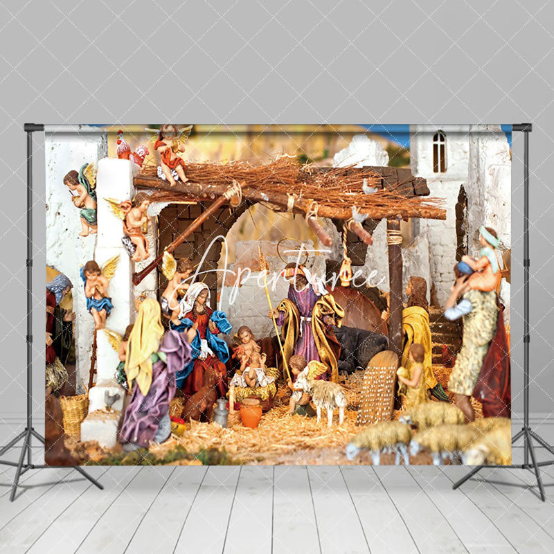 Aperturee - Aperturee Shabby Hayloft Angels Nativity Christmas Backdrop