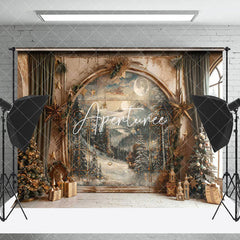 Aperturee - Aperturee Shabby Retro Snowy Forest Mural Christmas Backdrop