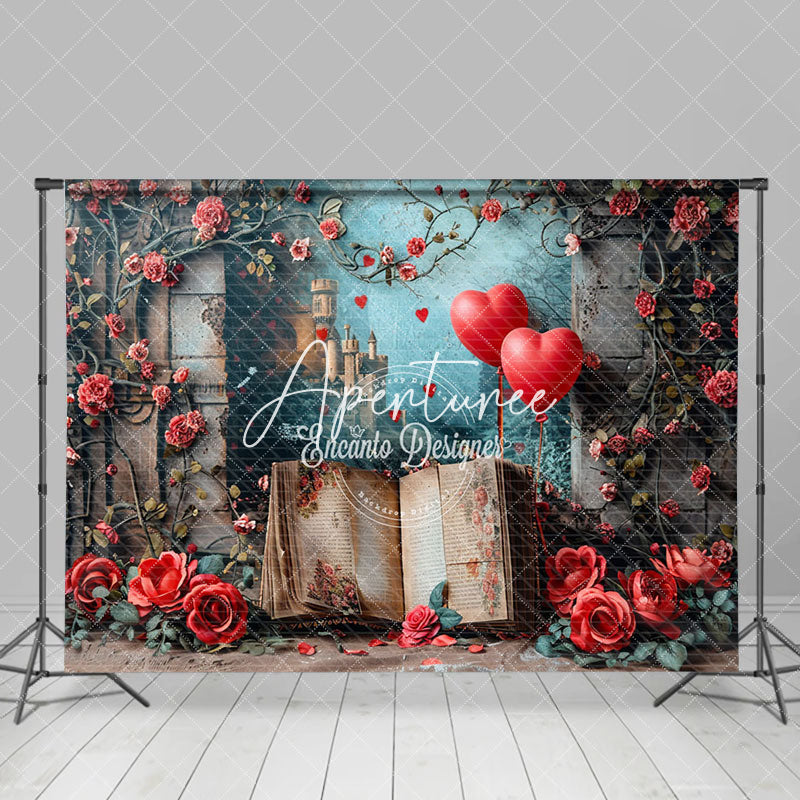 Aperturee - Aperturee Shabby Wall Red Rose Mural Book Romantic Backdrop