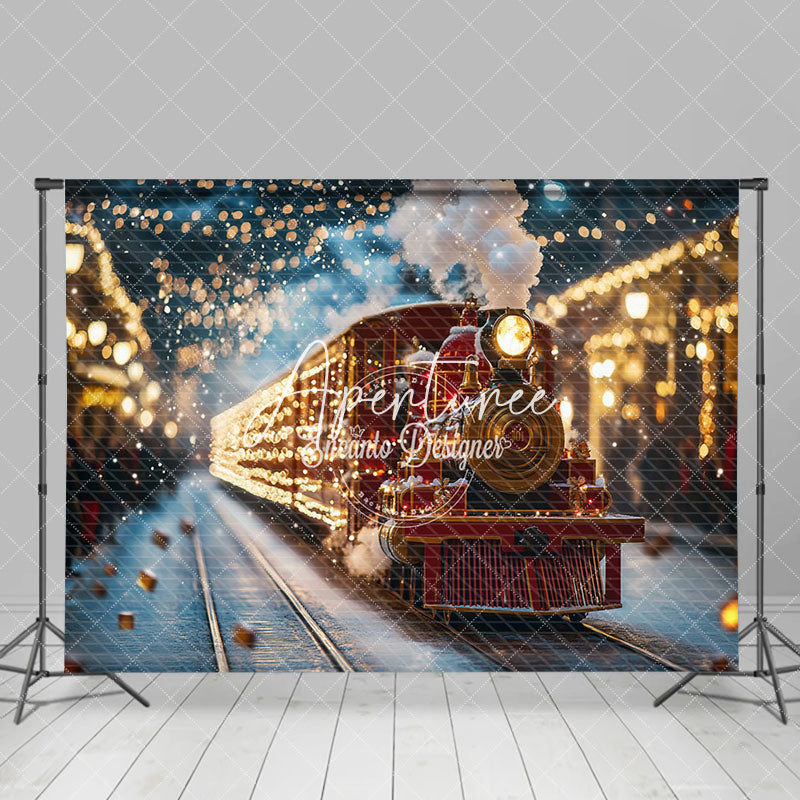 Aperturee - Aperturee Shining Red Train Lights Christmas Photo Backdrop