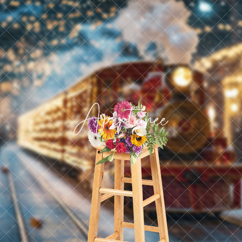 Aperturee - Aperturee Shining Red Train Lights Christmas Photo Backdrop