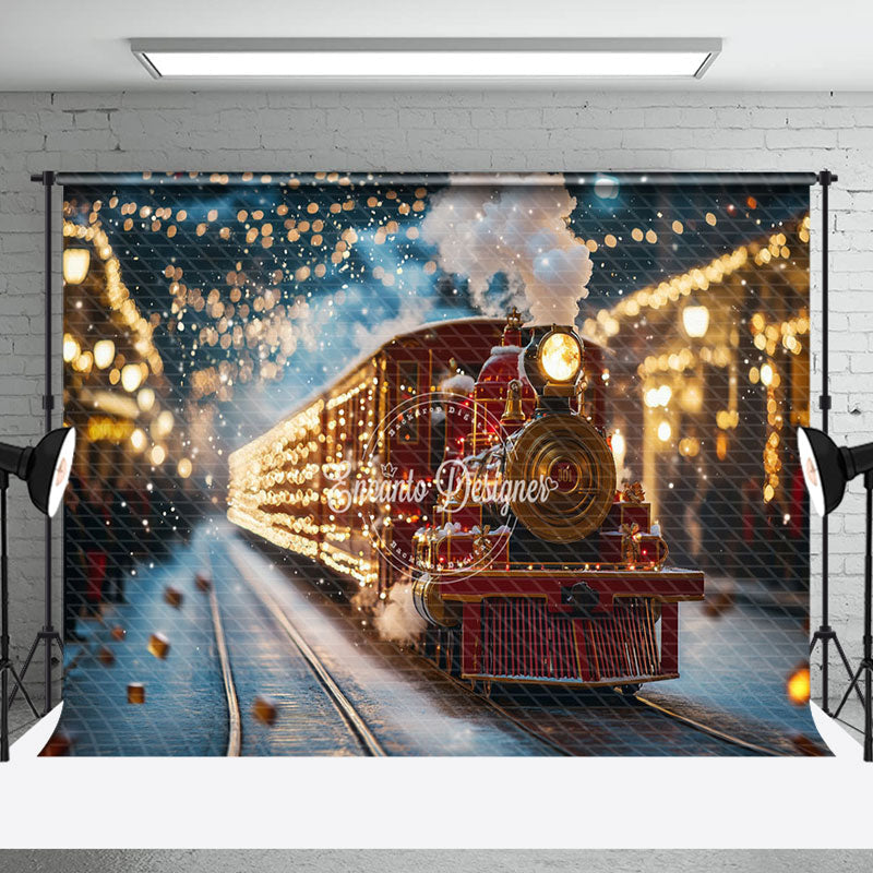 Aperturee - Aperturee Shining Red Train Lights Christmas Photo Backdrop