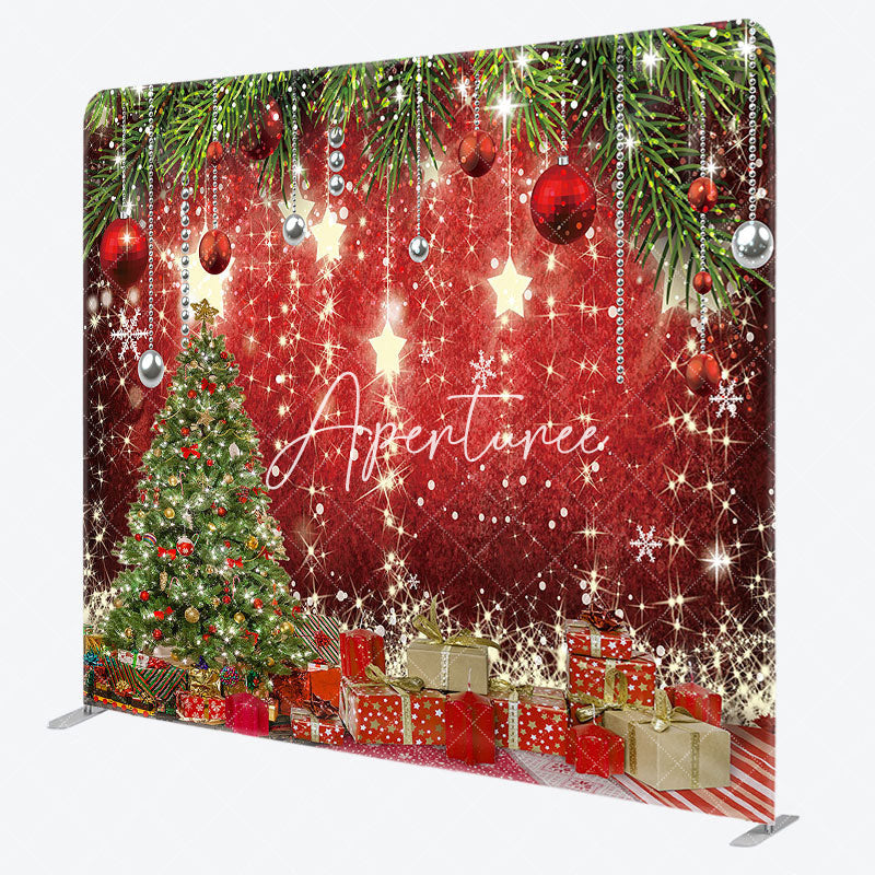 Aperturee - Aperturee Shiny Stars Christmas Tree Red Pillow Case Backdrop