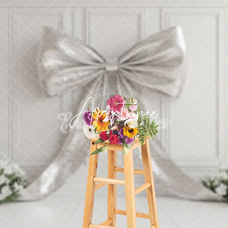 Aperturee - Aperturee Silver Glitter Bow Artwork Floral Wedding Backdrop