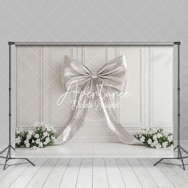 Aperturee - Aperturee Silver Glitter Bow Artwork Floral Wedding Backdrop