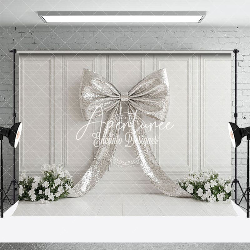 Aperturee - Aperturee Silver Glitter Bow Artwork Floral Wedding Backdrop