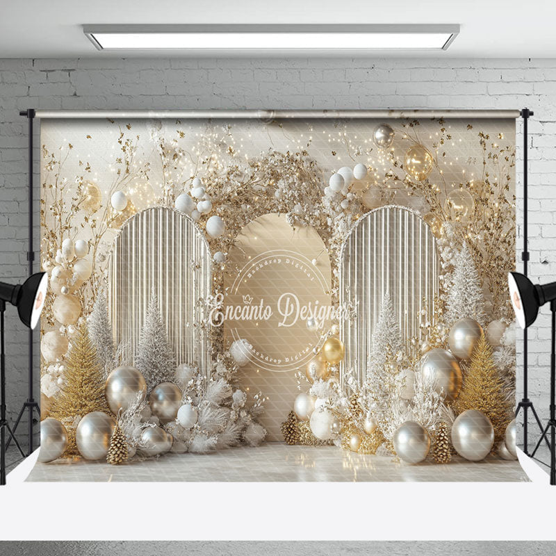 Aperturee - Aperturee Silver Gold Balloons Arch Leaves Christmas Backdrop