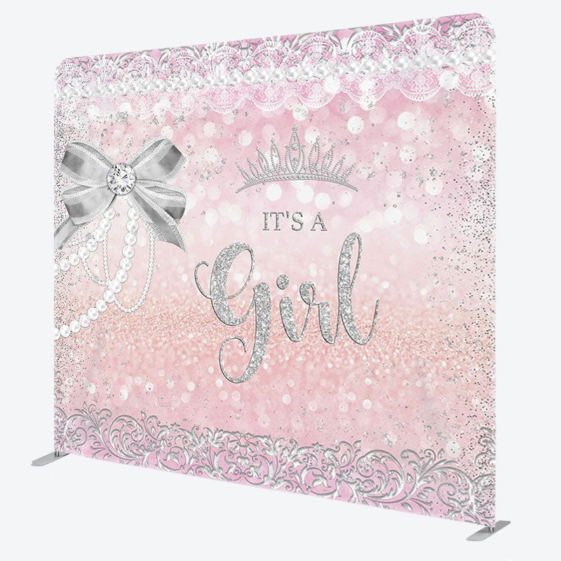 Aperturee - Aperturee Silver Its A Girl Fabric Backdrop Cover for Baby Shower