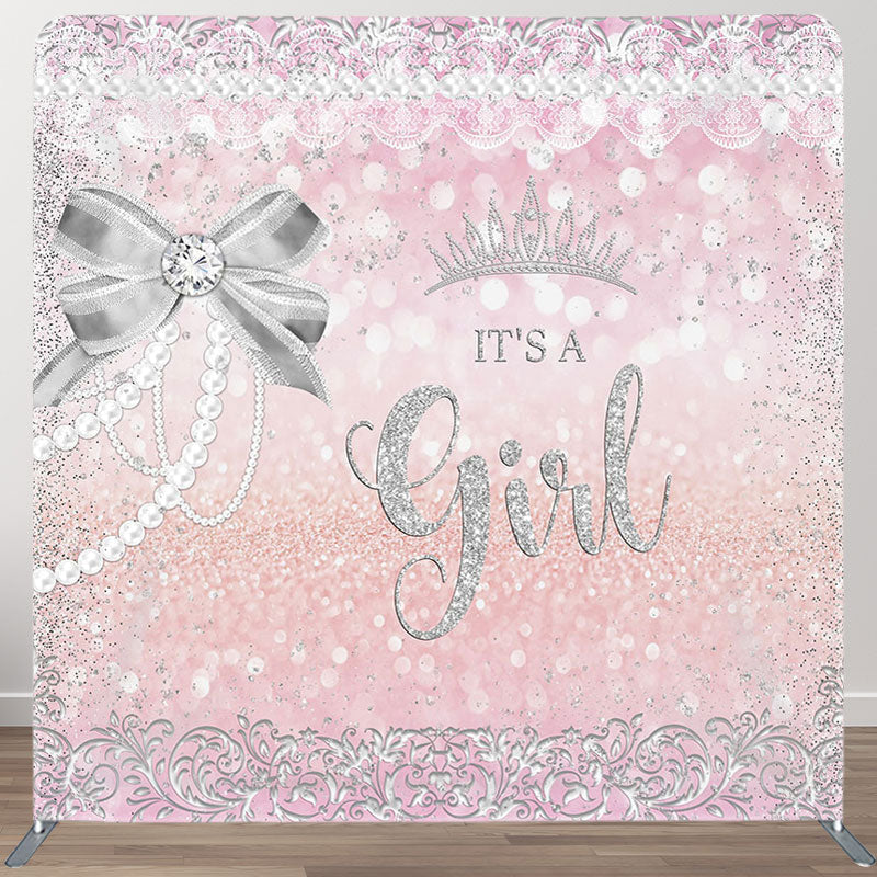 Aperturee - Aperturee Silver Its A Girl Fabric Backdrop Cover for Baby Shower