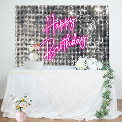 Aperturee - Aperturee Silver Sequins Pink Neon Happy Birthday Backdrop