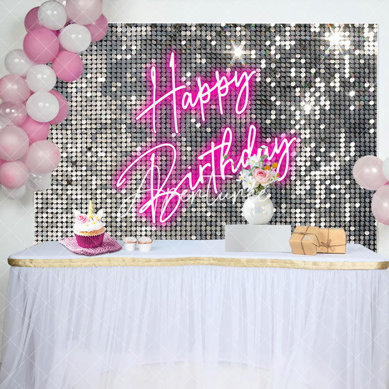 Aperturee - Aperturee Silver Sequins Pink Neon Happy Birthday Backdrop