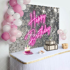 Aperturee - Aperturee Silver Sequins Pink Neon Happy Birthday Backdrop