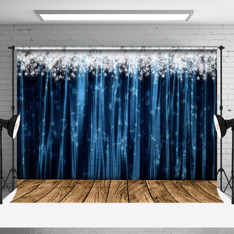 Aperturee - Aperturee Silver Sparkle Blue Curtain Wood New Year Backdrop