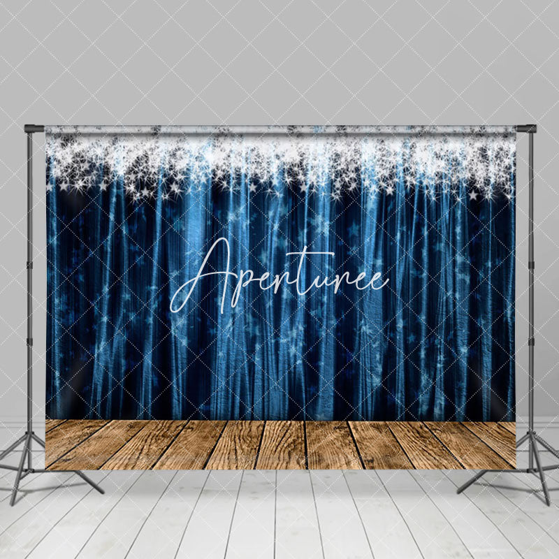 Aperturee - Aperturee Silver Sparkle Blue Curtain Wood New Year Backdrop