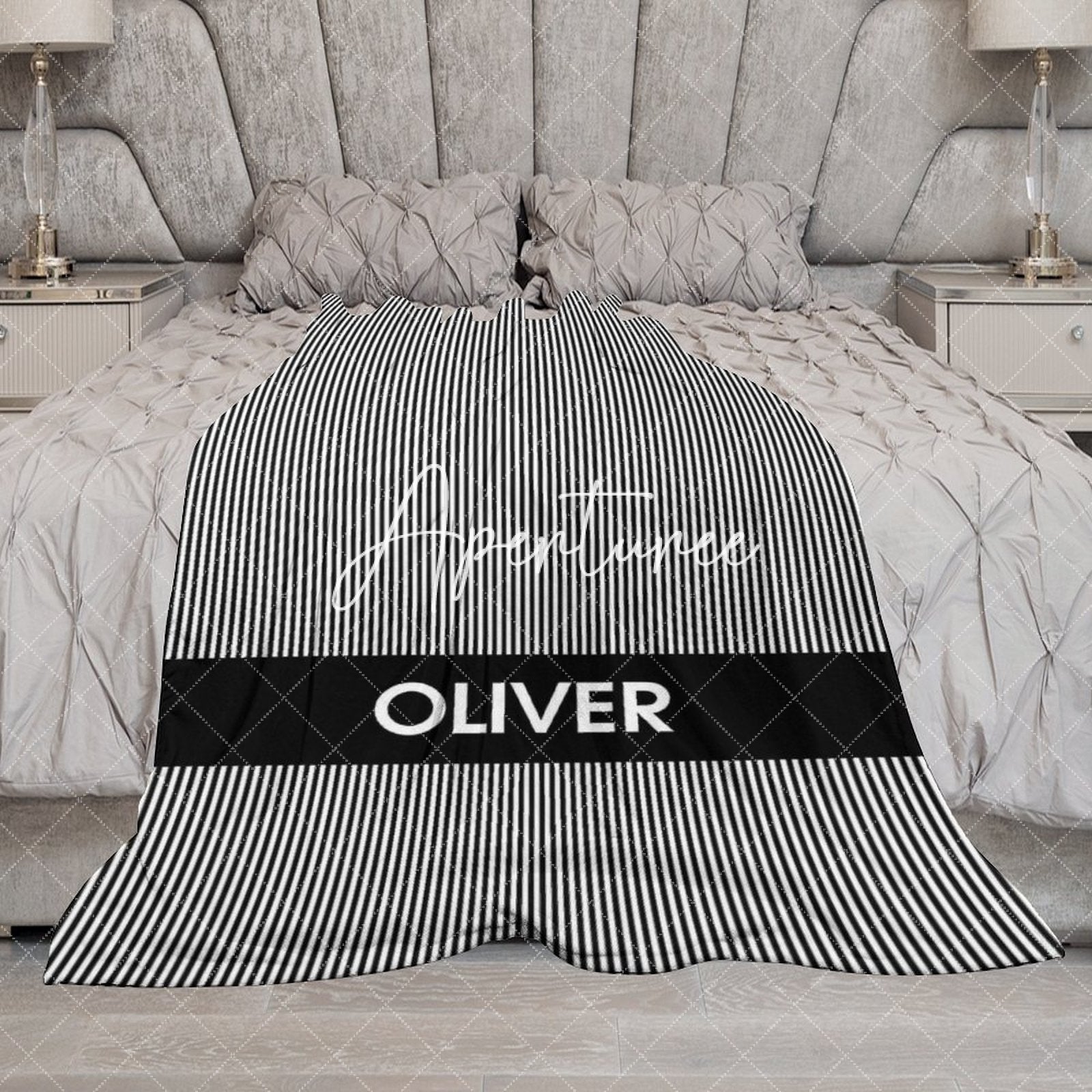 Aperturee - Aperturee Simple Black White Stripe Personalized Name Blanket