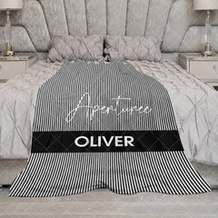 Aperturee - Aperturee Simple Black White Stripe Personalized Name Blanket