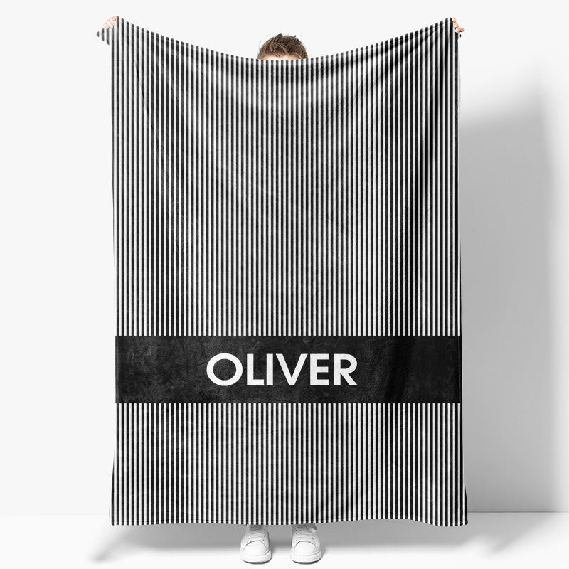 Aperturee - Aperturee Simple Black White Stripe Personalized Name Blanket