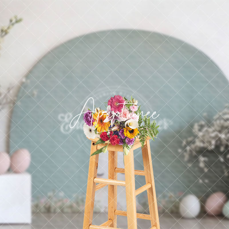 Aperturee - Aperturee Simple Green Arch Bunny Eggs Floral Easter Backdrop