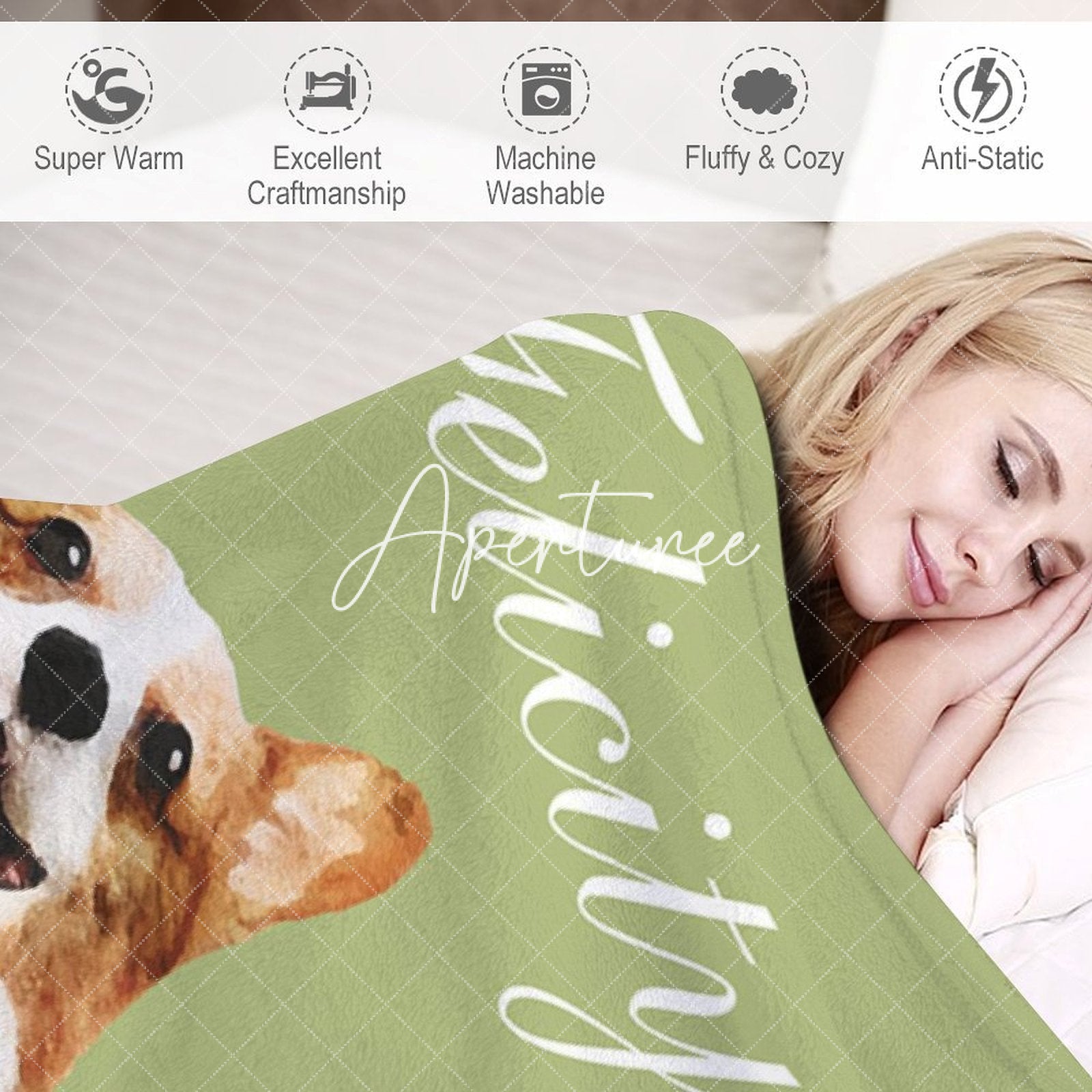 Aperturee - Aperturee Simple Green Corgi Custom Pet Name Photo Blanket