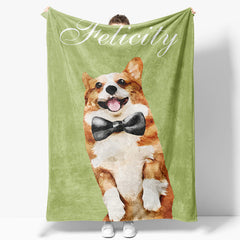 Aperturee - Aperturee Simple Green Corgi Custom Pet Name Photo Blanket