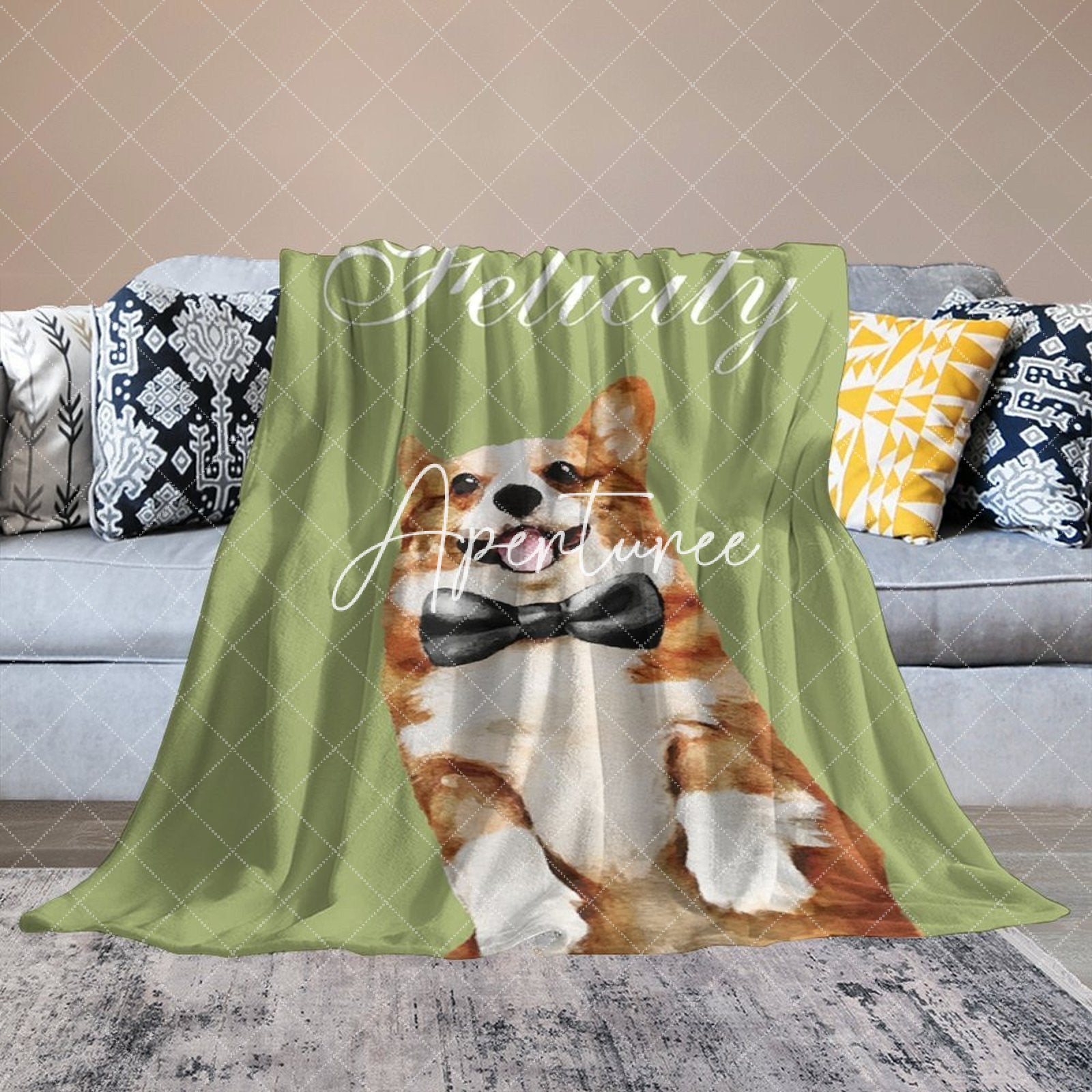 Aperturee - Aperturee Simple Green Corgi Custom Pet Name Photo Blanket