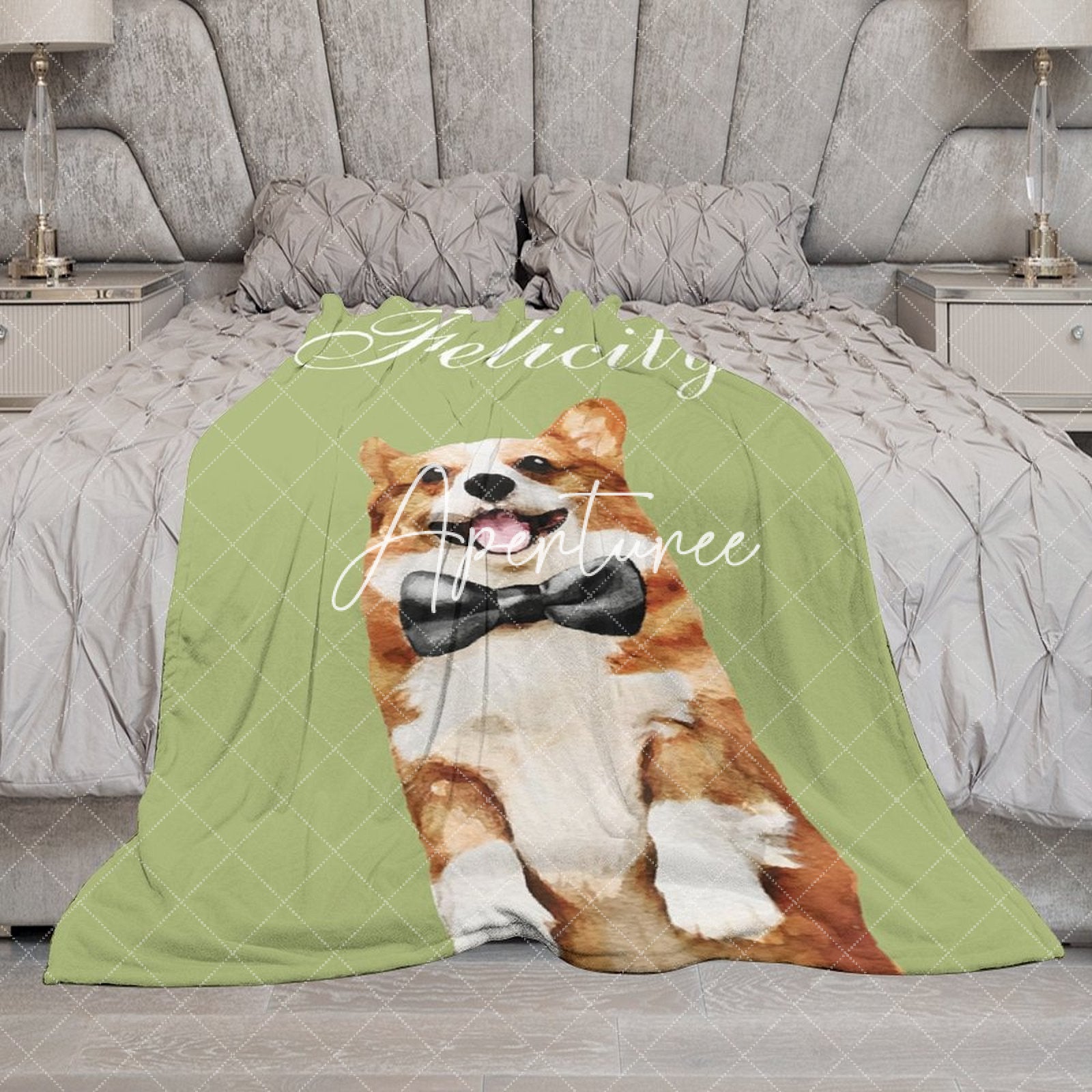 Aperturee - Aperturee Simple Green Corgi Custom Pet Name Photo Blanket