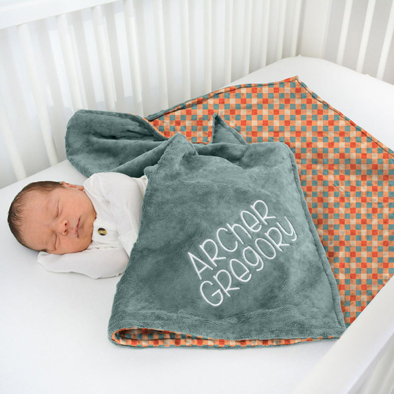 Aperturee - Aperturee Simple Green Orange Checkered Minky Baby Blanket