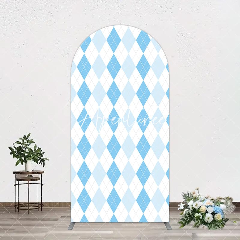 Aperturee - Aperturee Simple White Blue Rhombus Plaid Birthday Arch Backdrop