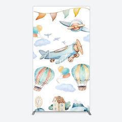 Aperturee - Aperturee Sky Airplane Hot Air Balloon Birthday Rectangle Backdrop