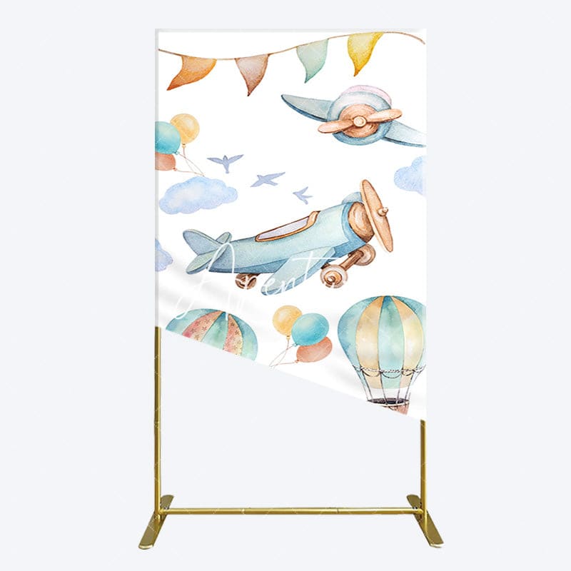 Aperturee - Aperturee Sky Airplane Hot Air Balloon Birthday Rectangle Backdrop