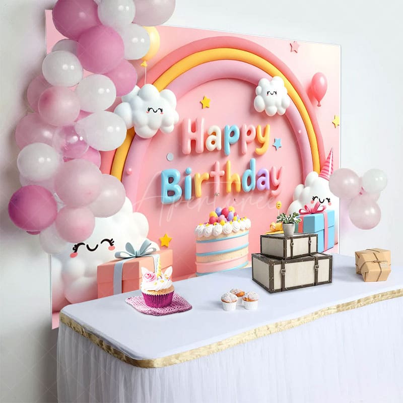Aperturee - Aperturee Smile Lovely Clouds Rainbow Cake Birthday Backdrop