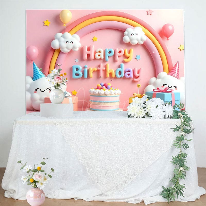 Aperturee - Aperturee Smile Lovely Clouds Rainbow Cake Birthday Backdrop