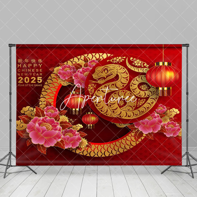 Aperturee - Aperturee Snake Flowers Red Chinese New Year Party Backdrop